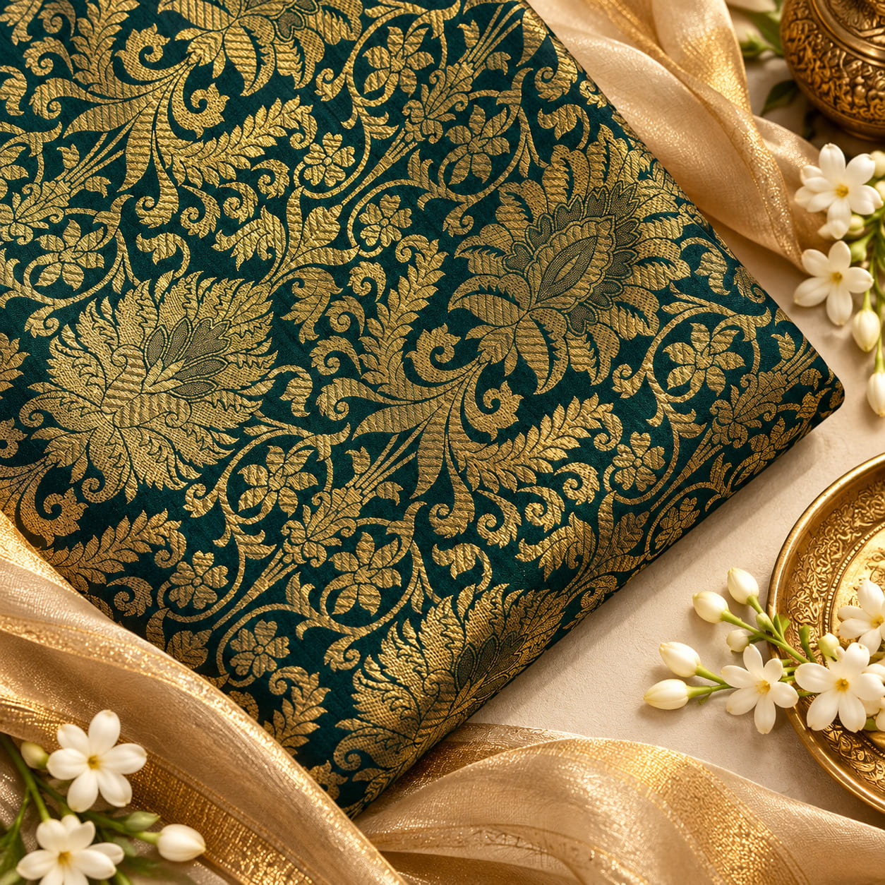 Emerald green brocade fabric with raised gold zari pattern and jasmine motifs
